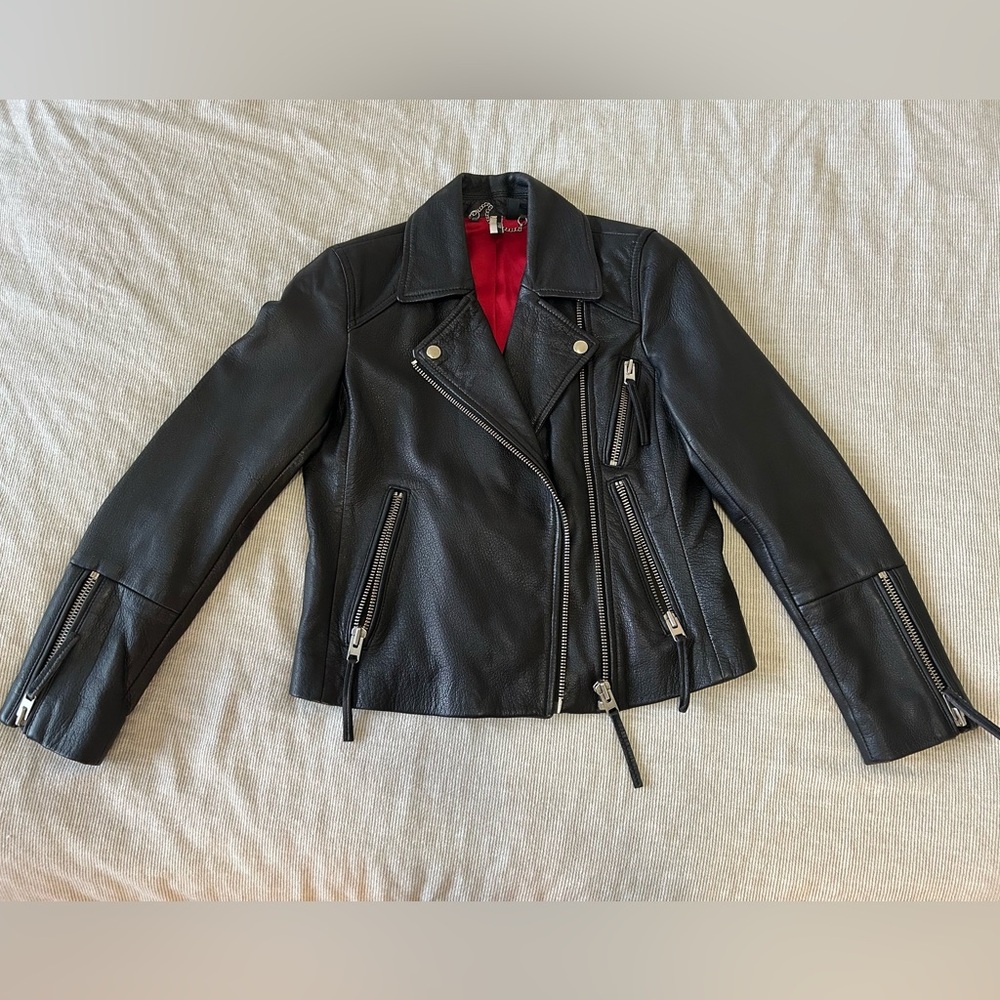 Topshop Black Genuine Leather Jacket with Red Lining